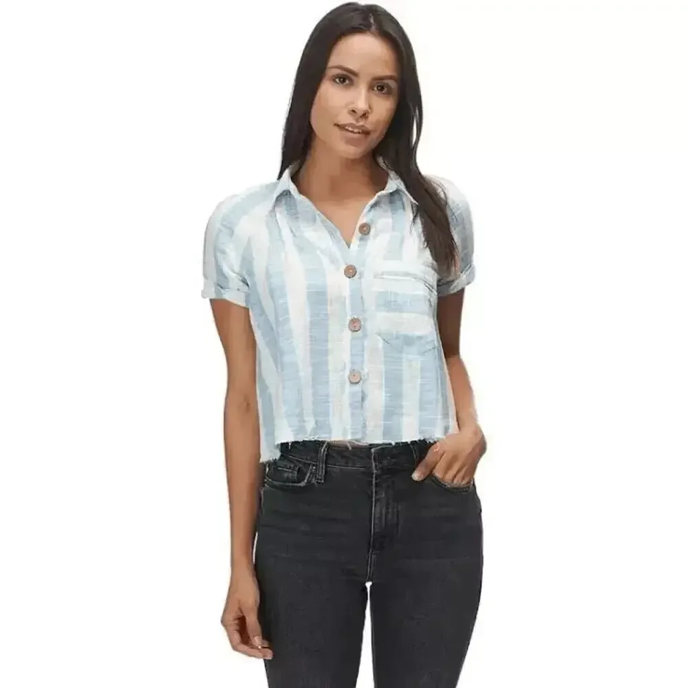 Free People We The Free Away at Sea Womens Top Size M Linen Blend Striped